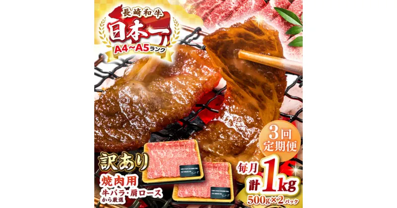 【ふるさと納税】【全3回定期便】【訳あり】【A4〜A5ランク】長崎和牛 焼肉切り落とし 1kg（500g×2パック）(肩ロース・バラ）《壱岐市》【株式会社MEAT PLUS】 肉 牛肉 黒毛和牛 焼き肉 焼肉 焼肉用 ギフト 贈答用 冷凍配送 A4 A5[JGH120]