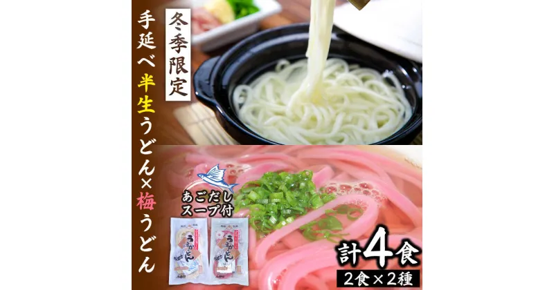 【ふるさと納税】【冬季限定】手延べ半生梅うどん 2食×2袋 あごだしスープ付 / うどん ウドン 半生 半生うどん 乾麺 あごだし 梅 / 南島原市 / ふるせ [SAQ007]