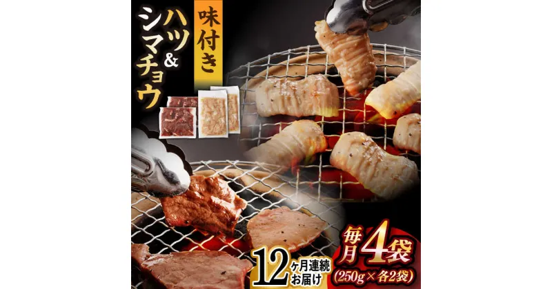 【ふるさと納税】【全12回定期便】【塩だれ】九州産和牛 ホルモン2種 計1kg（ ハツ 250g×2袋・ シマチョウ 250g×2袋） 長与町/岩永ホルモン [EAX137] 国産肉 ホルモン ミックス 小分け 味付き 冷凍 焼肉 焼き肉 和牛