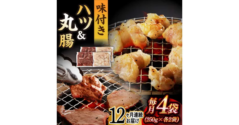 【ふるさと納税】【全12回定期便】【塩だれ】九州産和牛 ホルモン 2種 計1kg（ ハツ 250g×2袋・ 丸腸 250g×2袋） 長与町/岩永ホルモン [EAX145] 国産肉 ホルモン ミックス 小分け 味付き 冷凍 焼肉 焼き肉 和牛